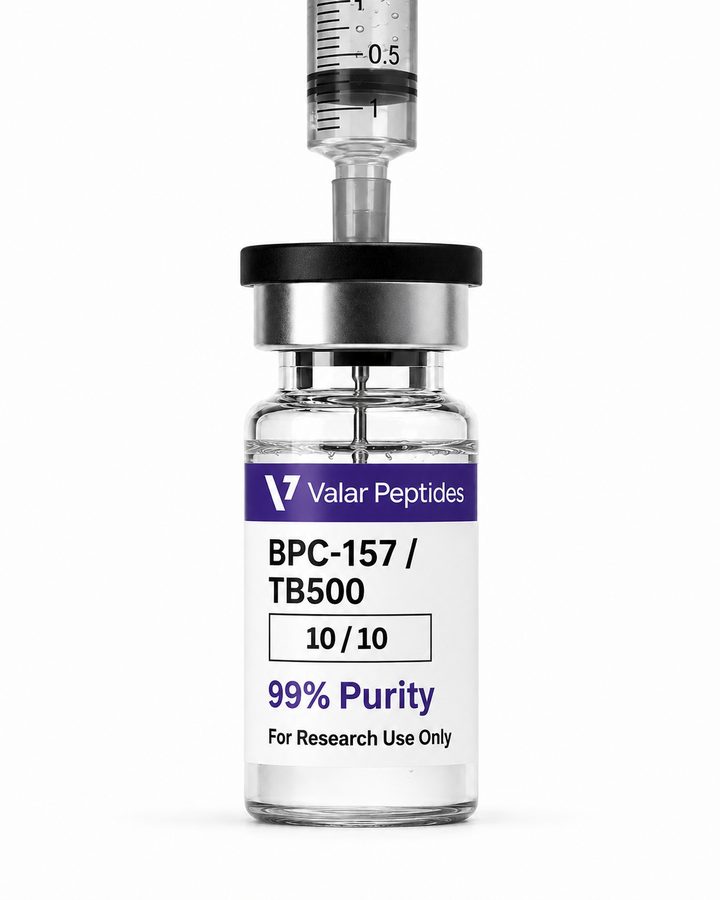A syringe adding water into a peptide vial to reconstitute it