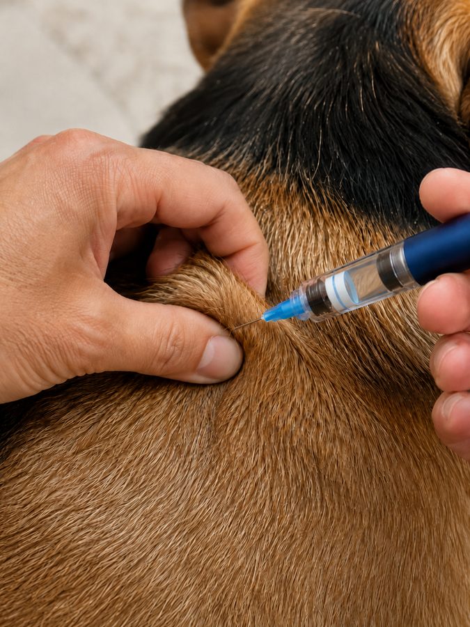 Injecting a dog under the loose skin of the scruff
