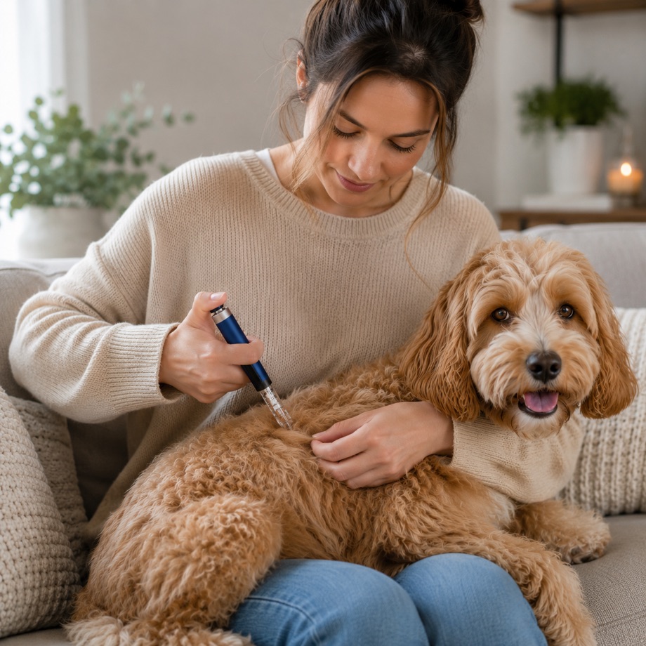 An Australian owner gently giving her dog a peptide injection at home on the couch