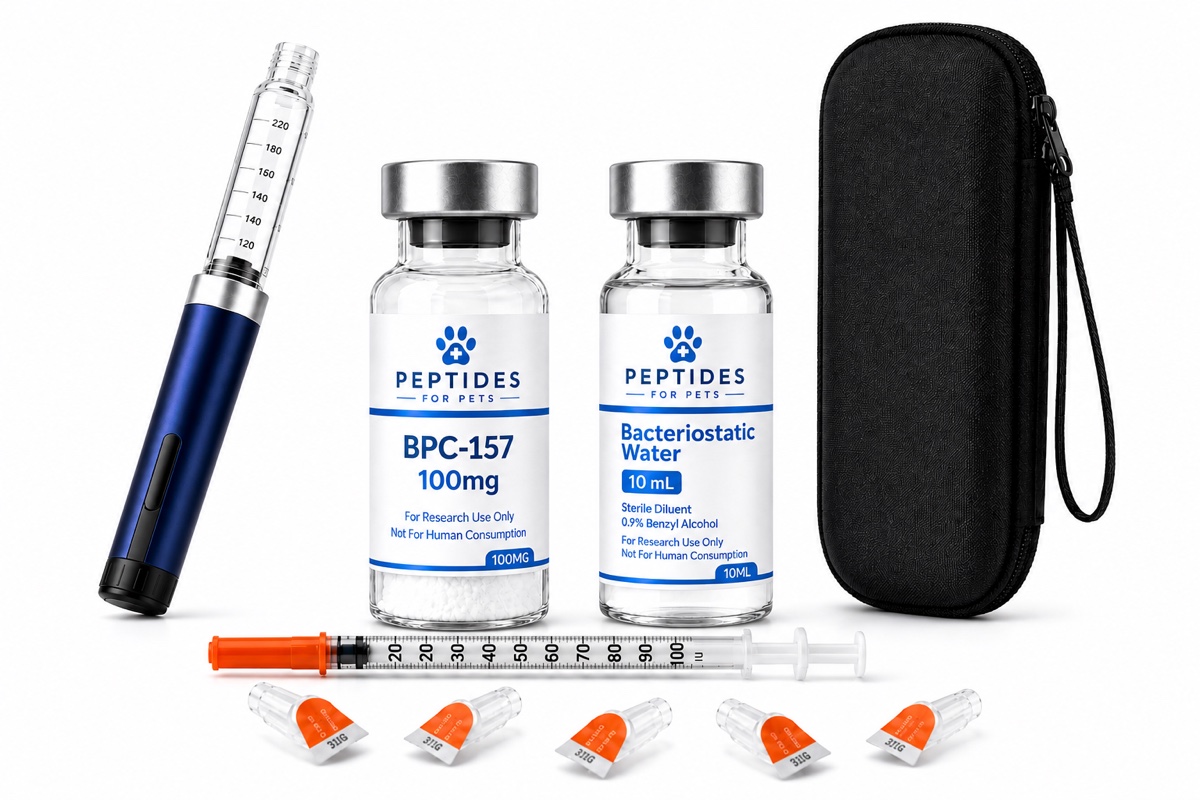 The Peptides for Pets home kit: peptide vial, bacteriostatic water, dosing pen, U-100 syringes, needle tips and travel case